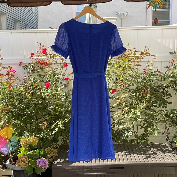 NY Collection - Blue Short Sleeve Belted Swiss Dot Dress - Medium - Picture 9 of 14